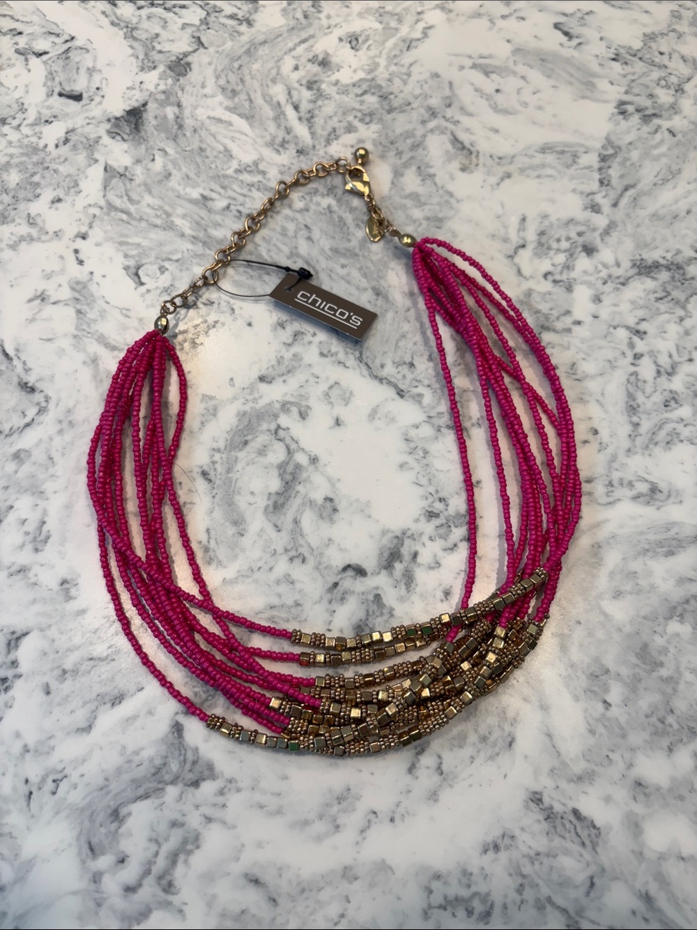 Chico's Fuchsia Multi-Strand Beaded Necklace with Gold Accents
